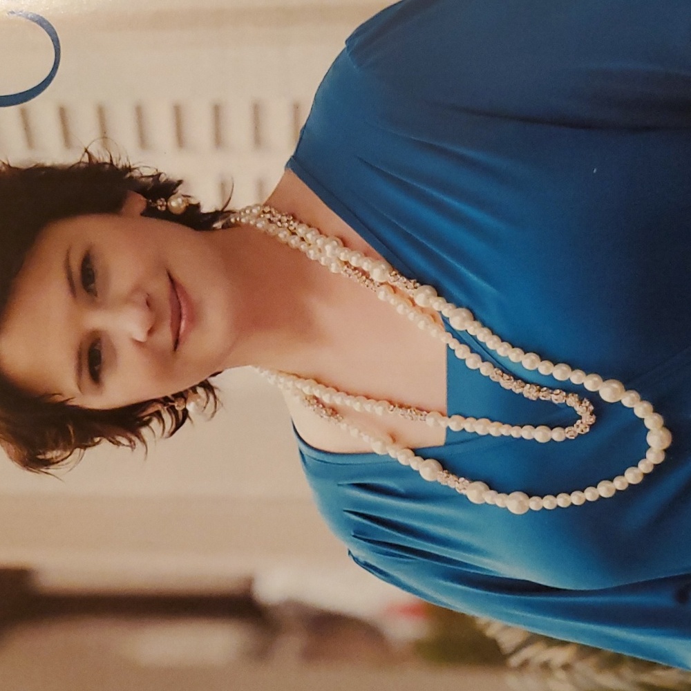 Carriage Ride Necklace 30" resin Pearls with accented glass stones.